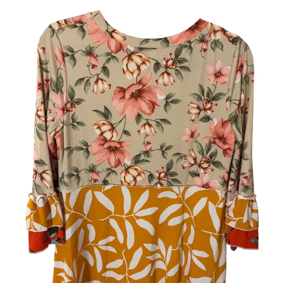 Celeste Mixed Floral Patchwork Ruffle Hem Dress Medium orange tan pink boho - Picture 8 of 12